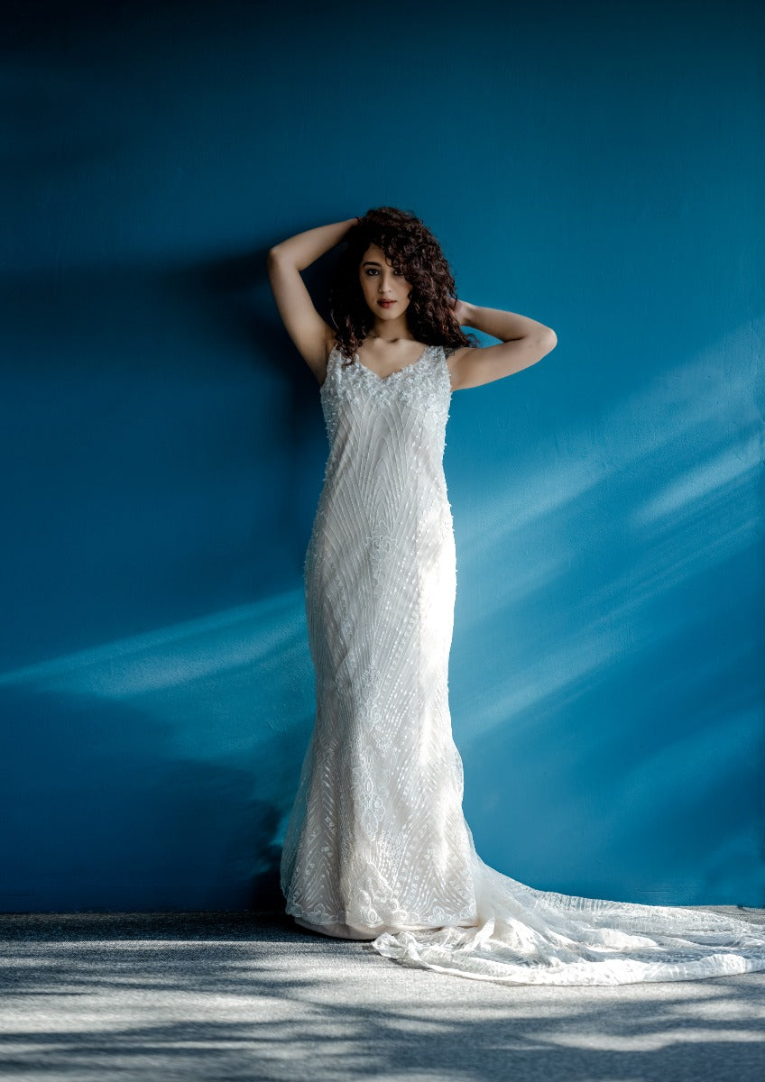 Signature Christian bridal Mermaid gown with white Lace over Champagne