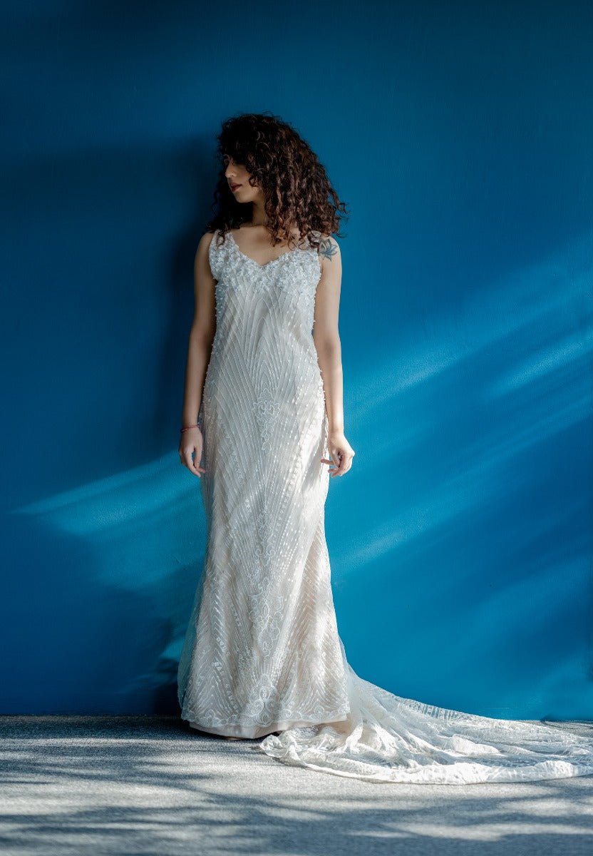 Signature Christian bridal Mermaid gown with white Lace over Champagne