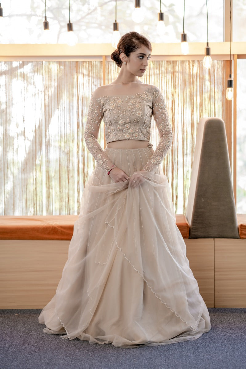 Classy Golden Designer Wedding lehenga with full embroidered and sleeves  blouse Bespoke -