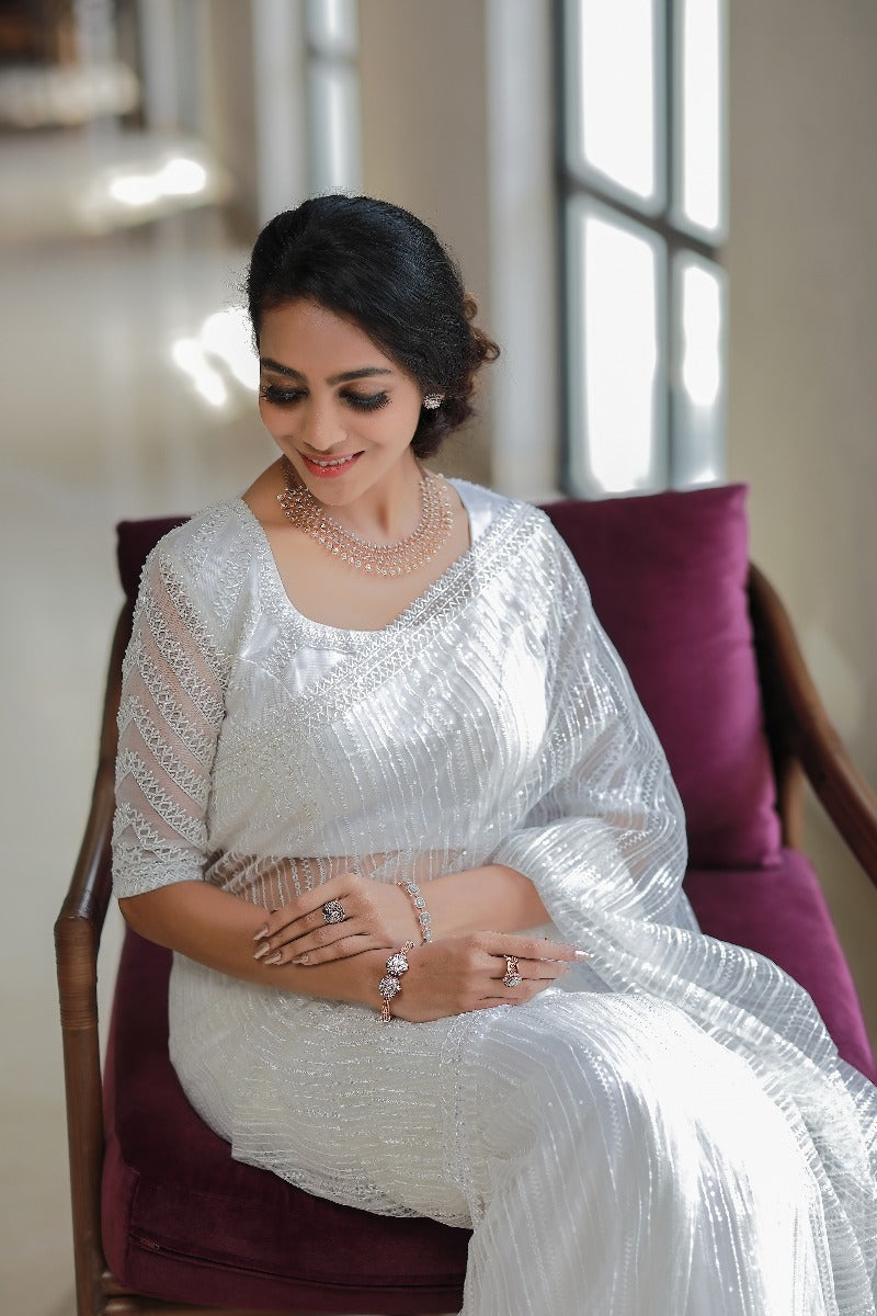 Signature Christian bridal Pearl White Hand embroidered Saree