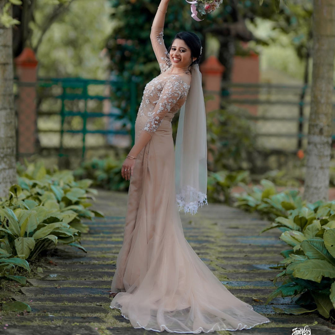 Signature Christian bridal Rosegold Illusion Mermaid Gown In Tulle