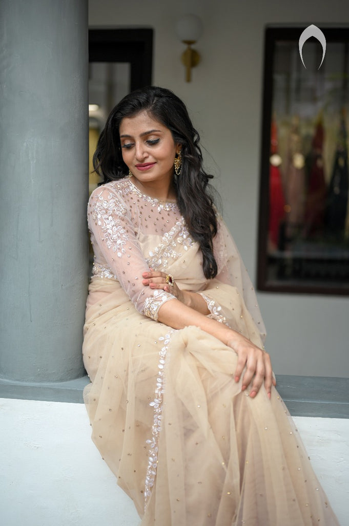 Signature Christian Bridal Saree In Net With Elegant Hand Embroidery