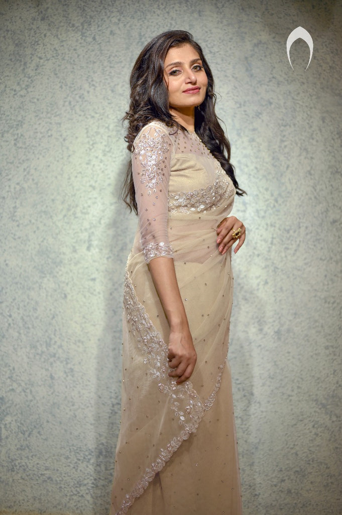 Signature Christian Bridal Saree In Net With Elegant Hand Embroidery