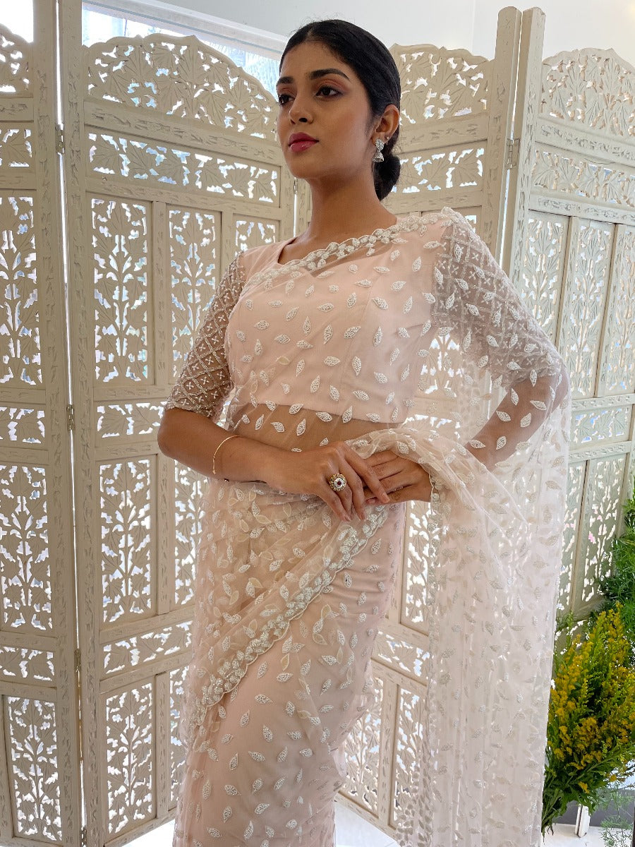 Signature Christian bridal  soft pink net saree with  Clustered Sugarbead Work