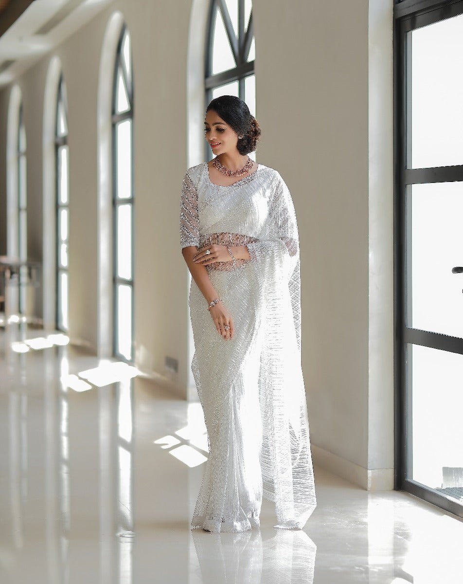 Signature Christian bridal Pearl White Hand embroidered Saree